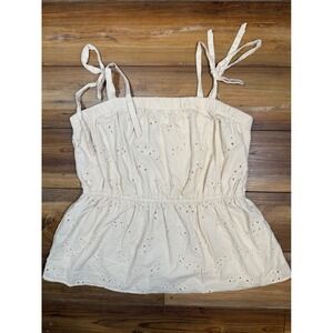 Maurices Cream Eyelet Peplum Camisole Top Tie Strap Beige Cotton Floral L